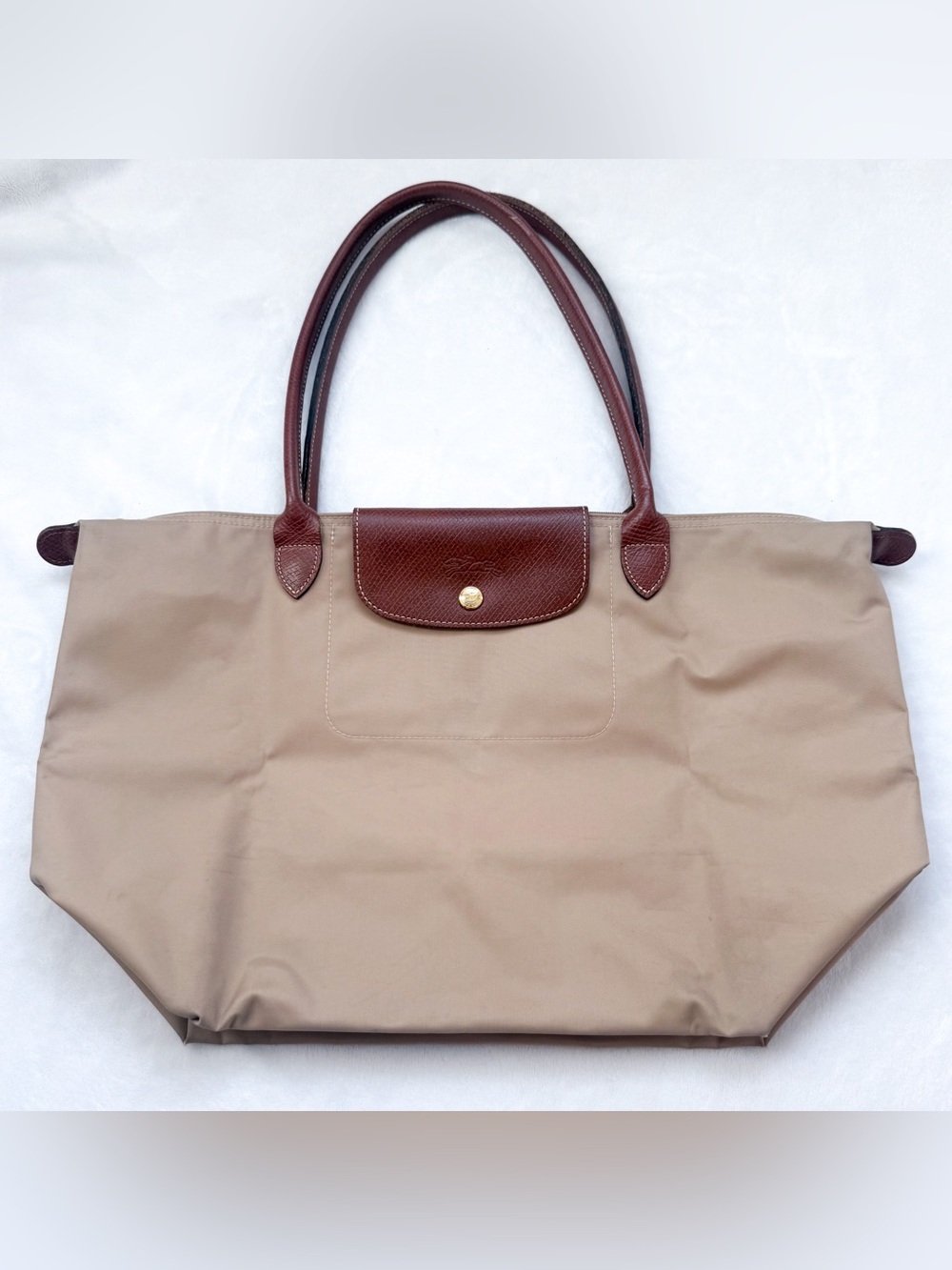 Longchamp Le Pliage Tote Travel Shoulder Bag Nylon Handbag Medium Beige GUC